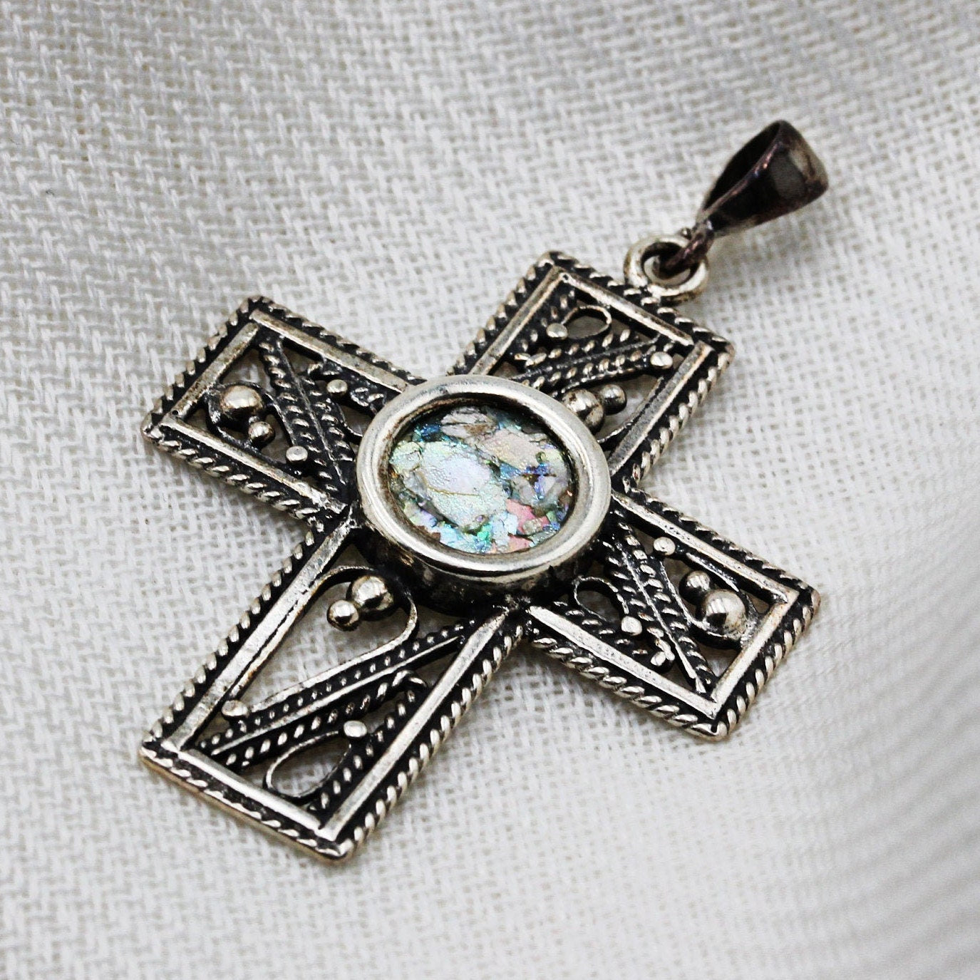 Roman Glass Cross Pendant in Sterling Silver 925