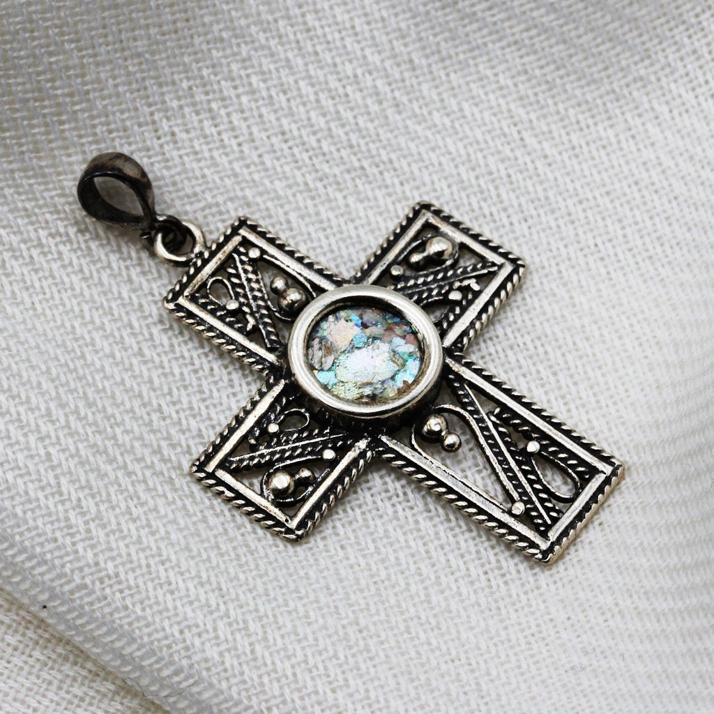 Roman Glass Cross Pendant in Sterling Silver 925