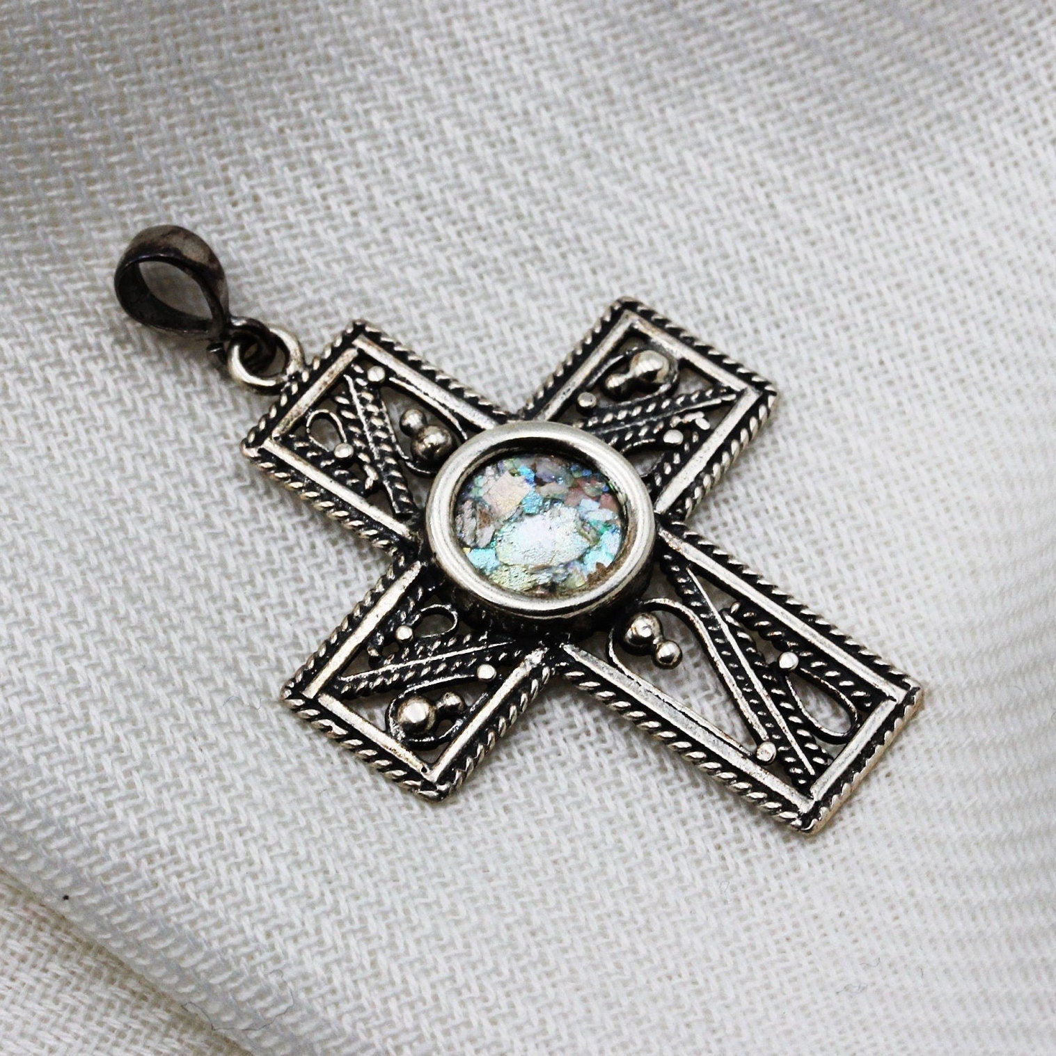 Roman Glass Cross Pendant in Sterling Silver 925