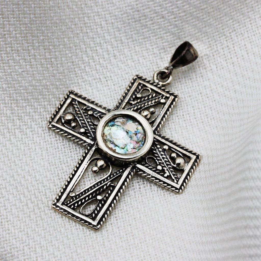 Roman Glass Cross Pendant in Sterling Silver 925