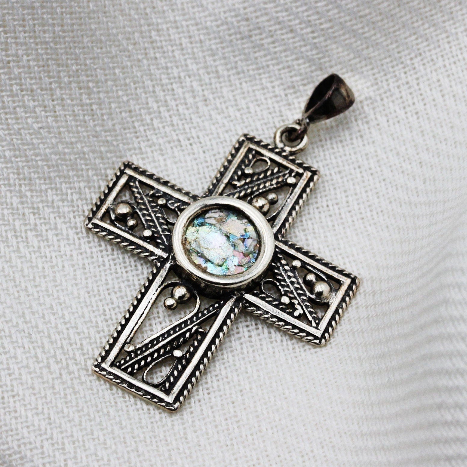 Roman Glass Cross Pendant in Sterling Silver 925