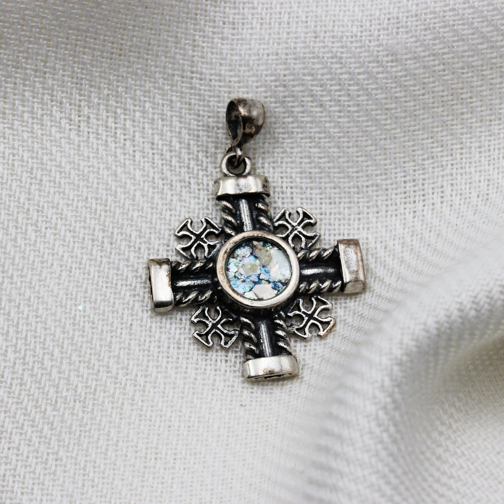 Sacred Roman Glass Jerusalem Cross Pendant in Silver 925