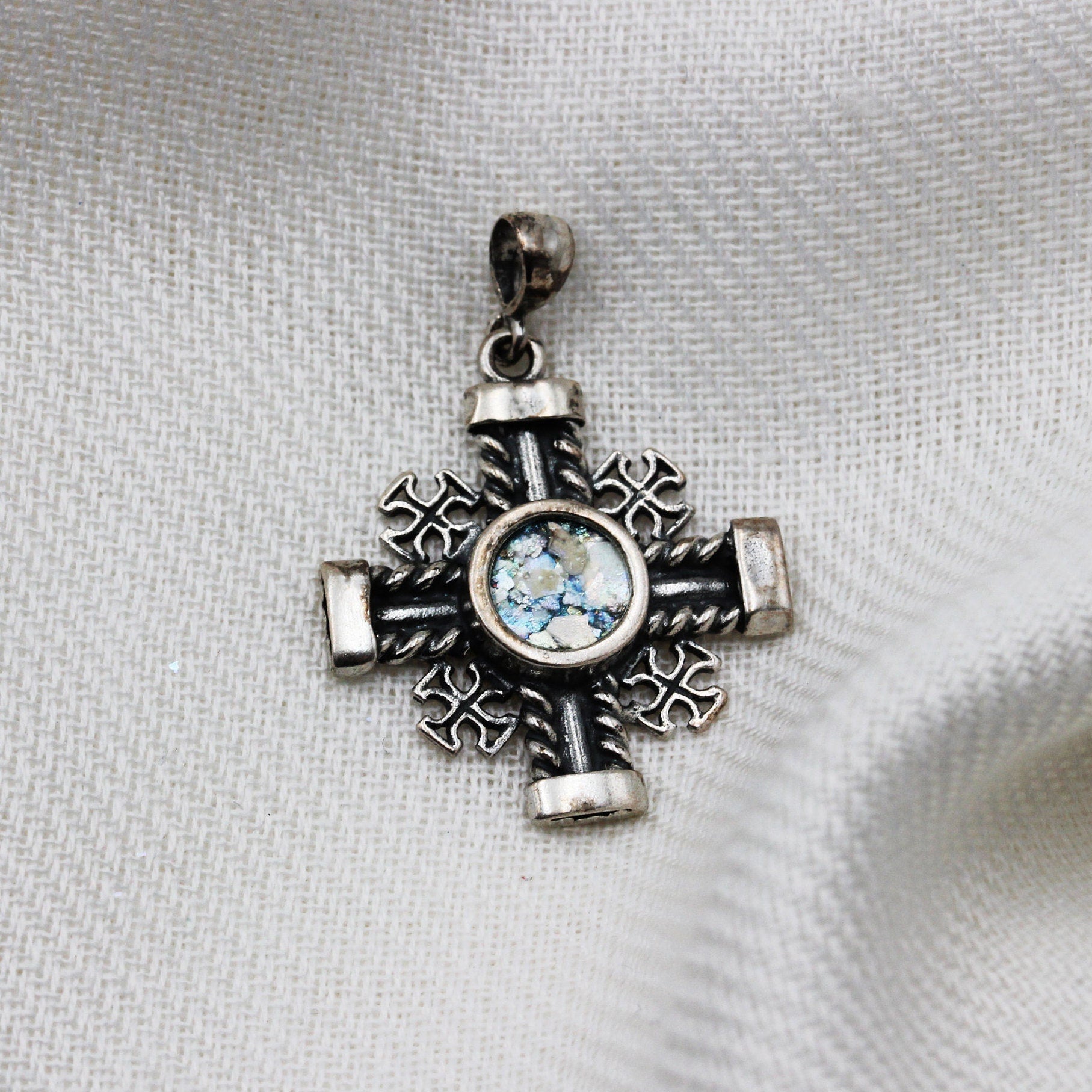 Sacred Roman Glass Jerusalem Cross Pendant in Silver 925