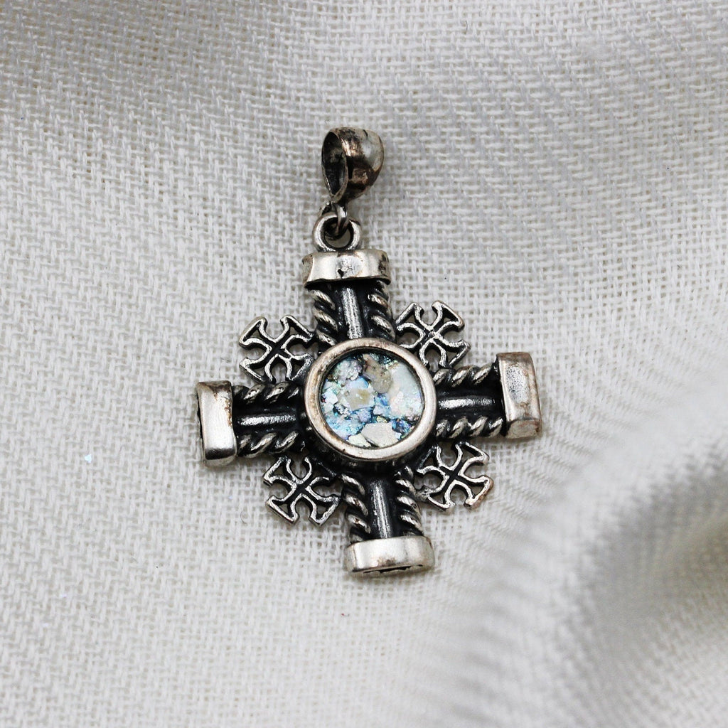 Sacred Roman Glass Jerusalem Cross Pendant in Silver 925