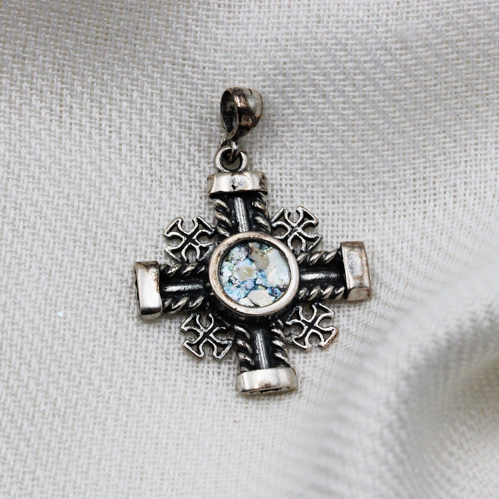 Sacred Roman Glass Jerusalem Cross Pendant in Silver 925