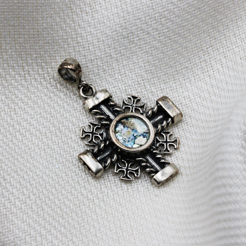 Sacred Roman Glass Jerusalem Cross Pendant in Silver 925