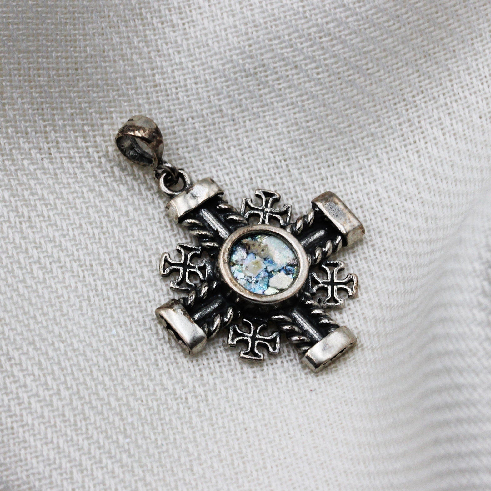Sacred Roman Glass Jerusalem Cross Pendant in Silver 925