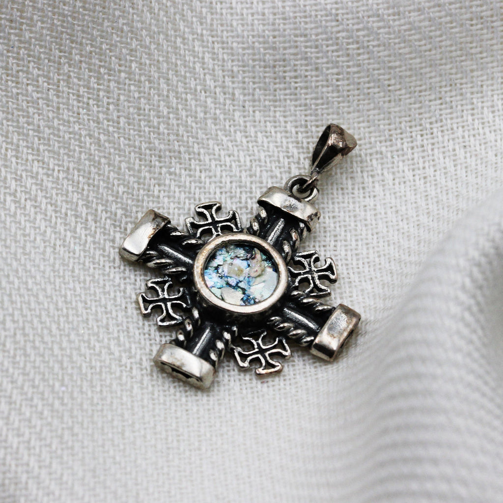 Sacred Roman Glass Jerusalem Cross Pendant in Silver 925