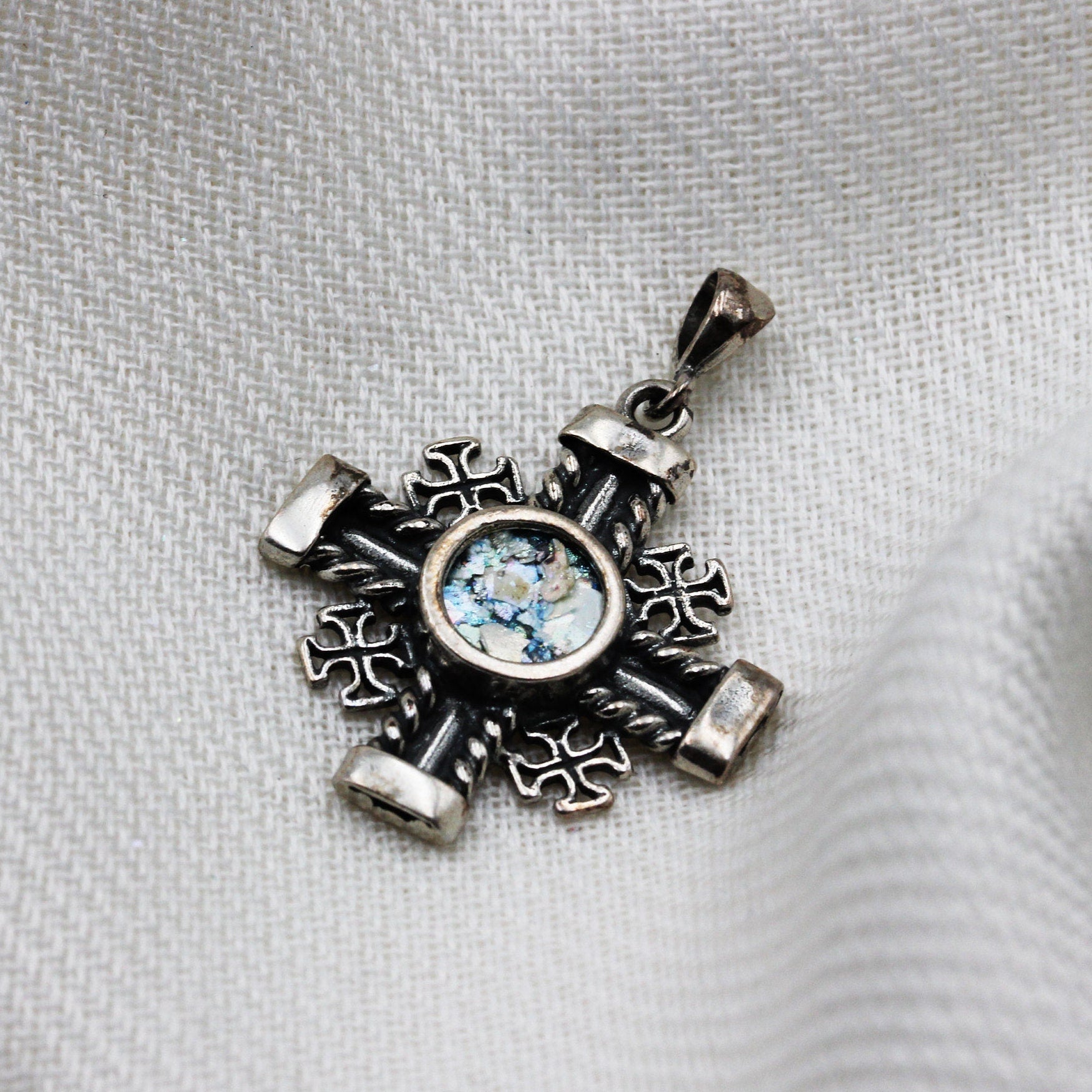 Sacred Roman Glass Jerusalem Cross Pendant in Silver 925