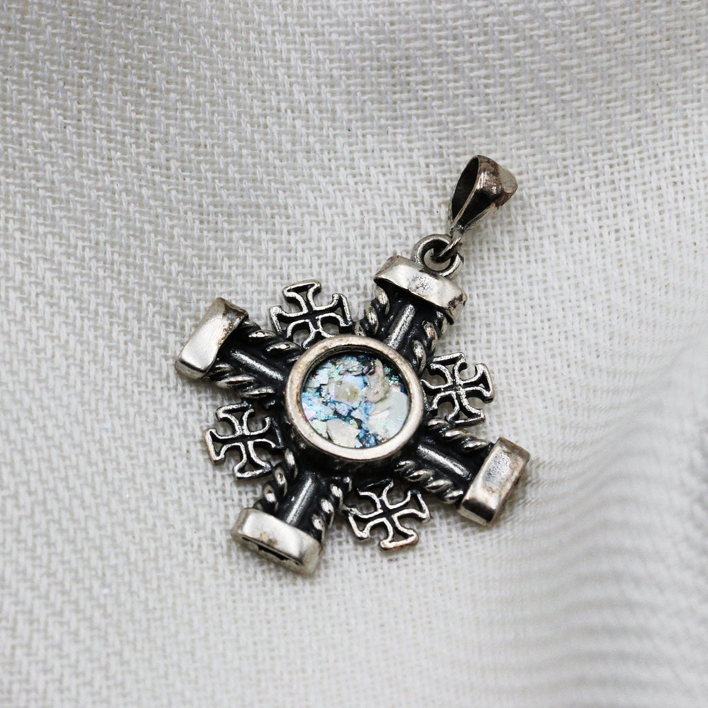 Sacred Roman Glass Jerusalem Cross Pendant in Silver 925
