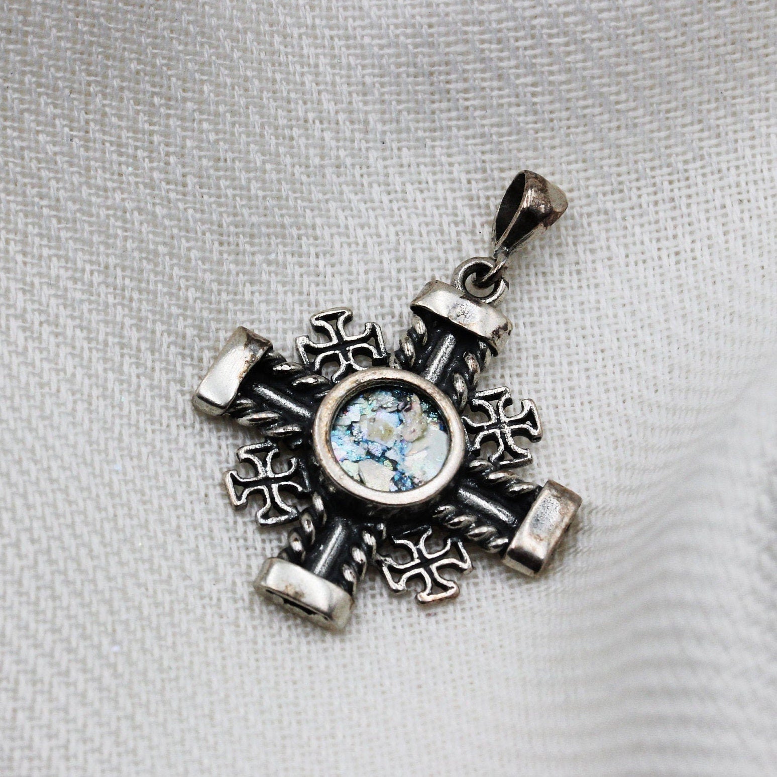Sacred Roman Glass Jerusalem Cross Pendant in Silver 925