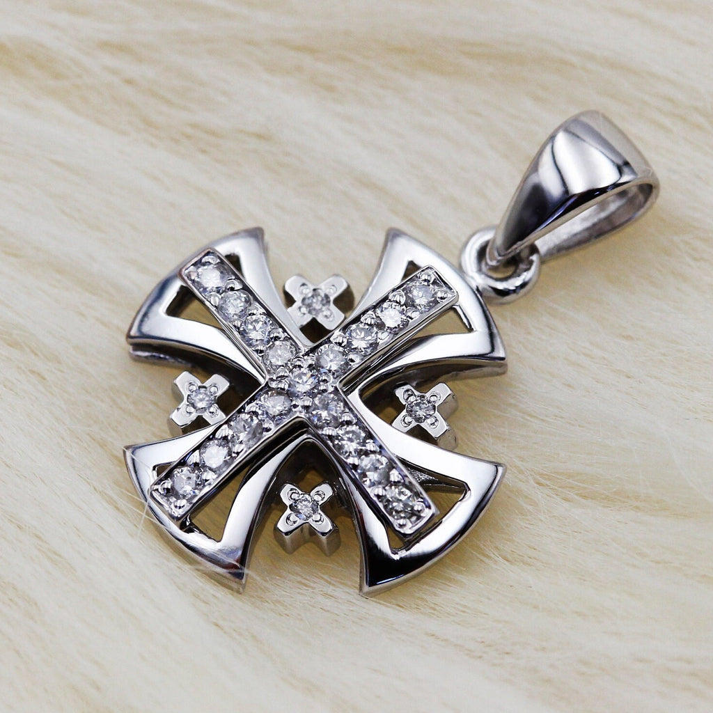 Sacred Radiance 14k White Gold Jerusalem Cross Pendant with 0.17ct Diamonds