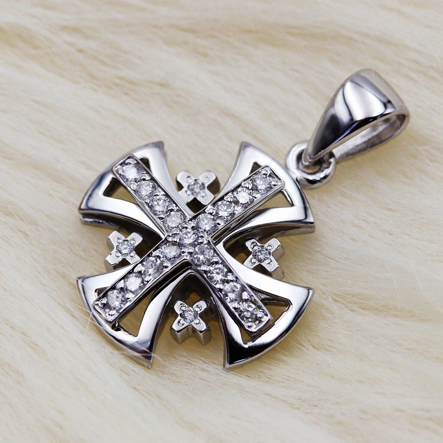 Sacred Radiance 14k White Gold Jerusalem Cross Pendant with 0.17ct Diamonds