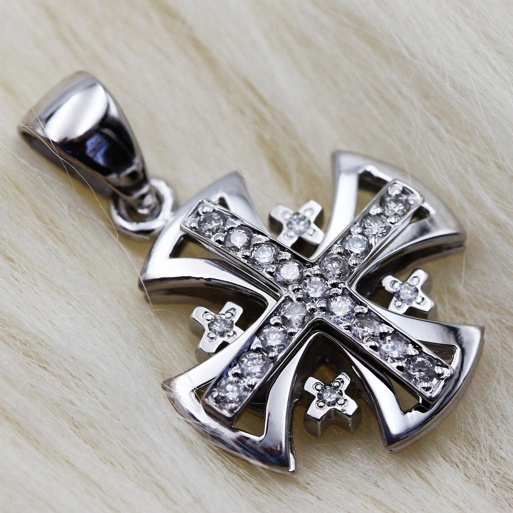 Sacred Radiance 14k White Gold Jerusalem Cross Pendant with 0.17ct Diamonds