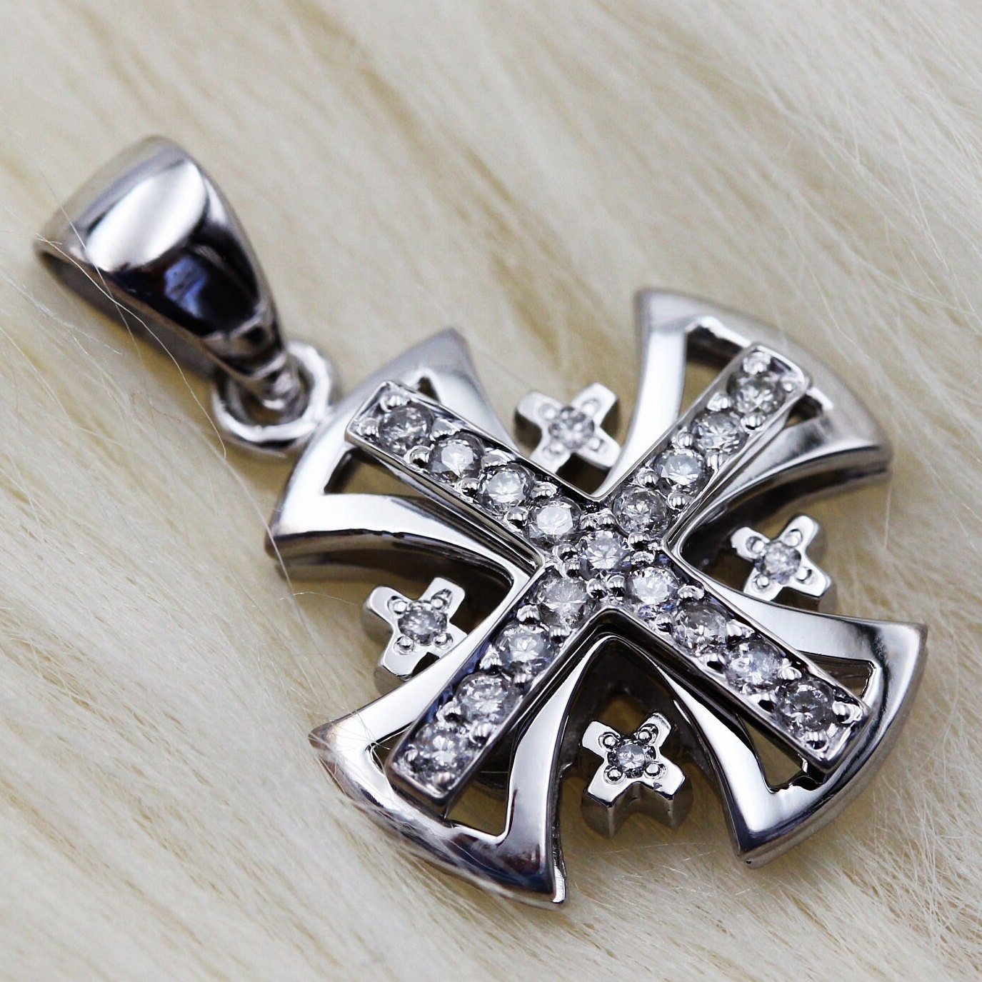Sacred Radiance 14k White Gold Jerusalem Cross Pendant with 0.17ct Diamonds