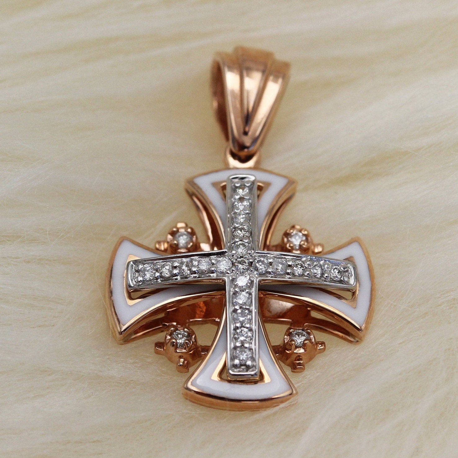 Jerusalem Cross Pendant in 14k Gold with Diamonds, Divine Sign of Faith and Hope