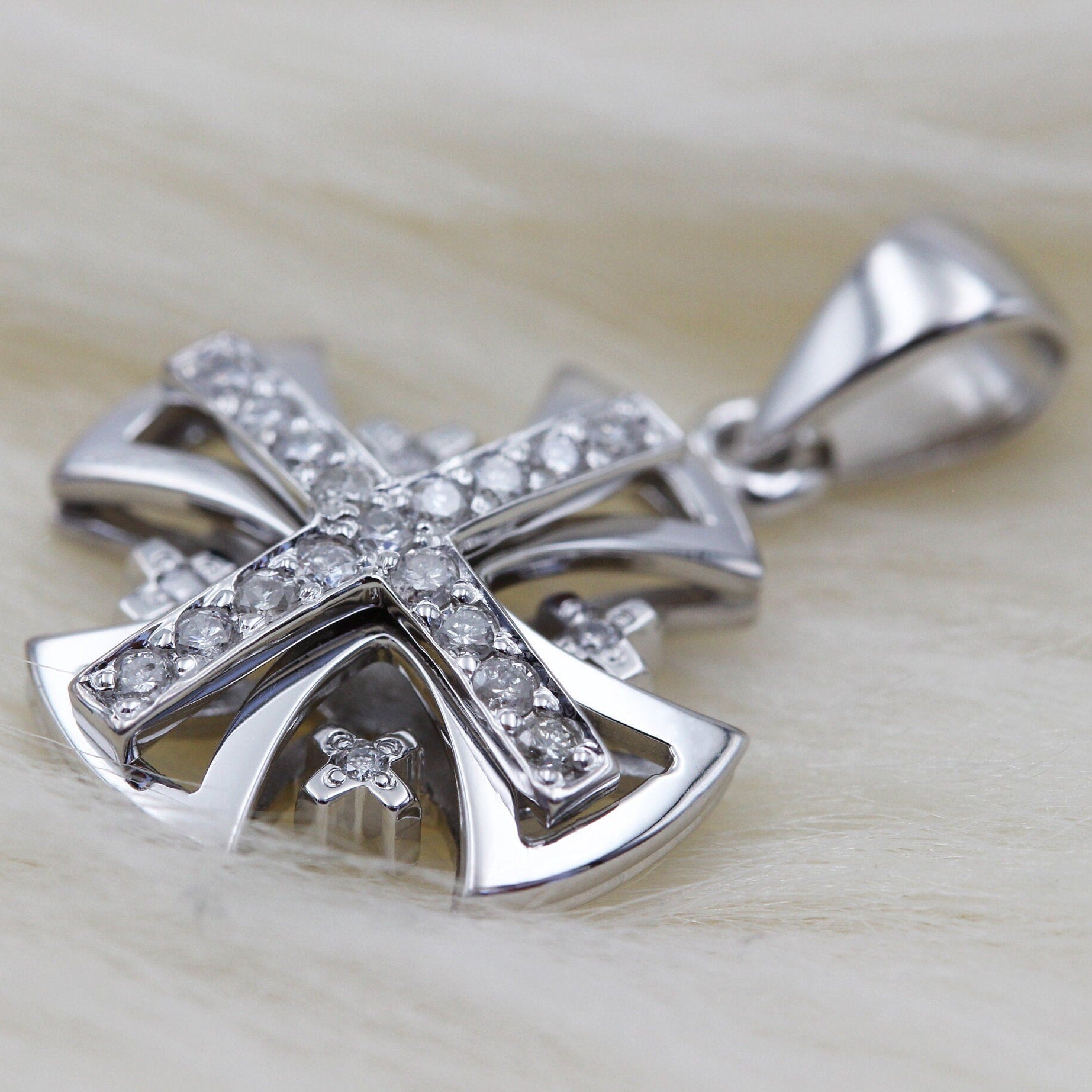 Sacred Radiance 14k White Gold Jerusalem Cross Pendant with 0.17ct Diamonds