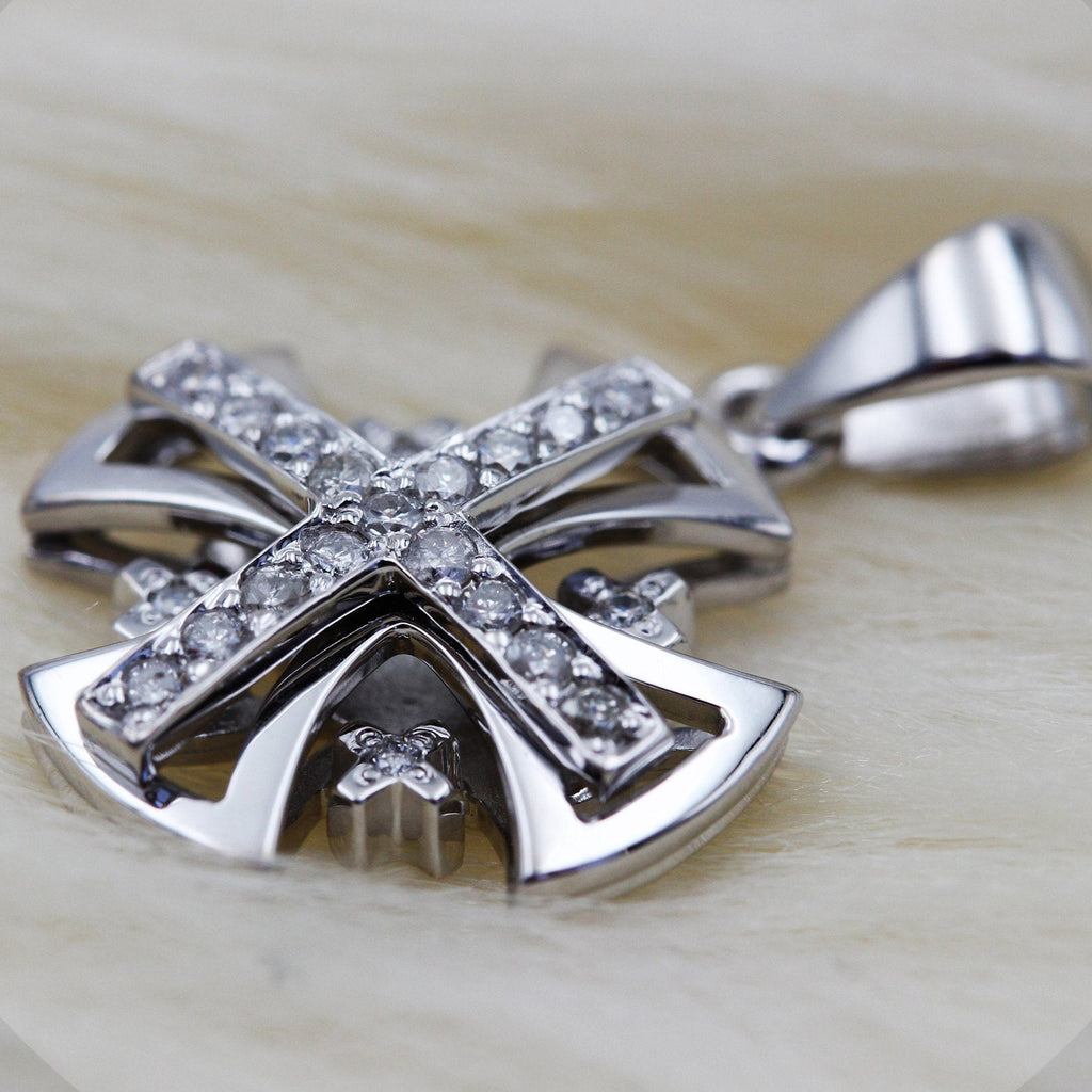 Sacred Radiance 14k White Gold Jerusalem Cross Pendant with 0.17ct Diamonds