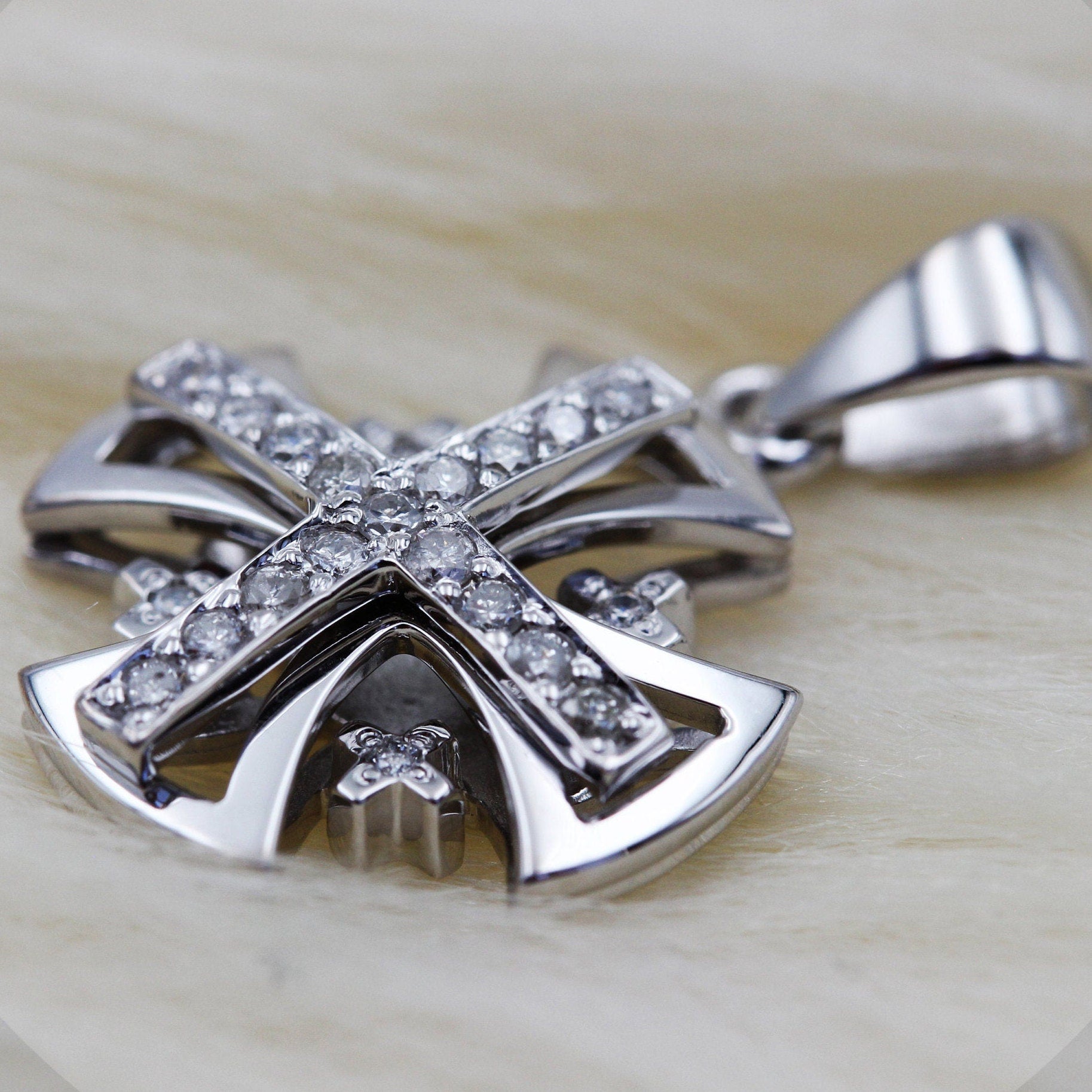 Sacred Radiance 14k White Gold Jerusalem Cross Pendant with 0.17ct Diamonds