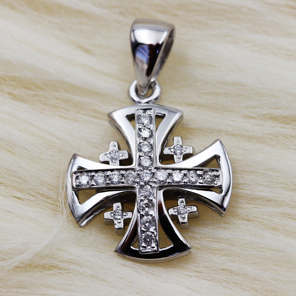 Sacred Radiance 14k White Gold Jerusalem Cross Pendant with 0.17ct Diamonds