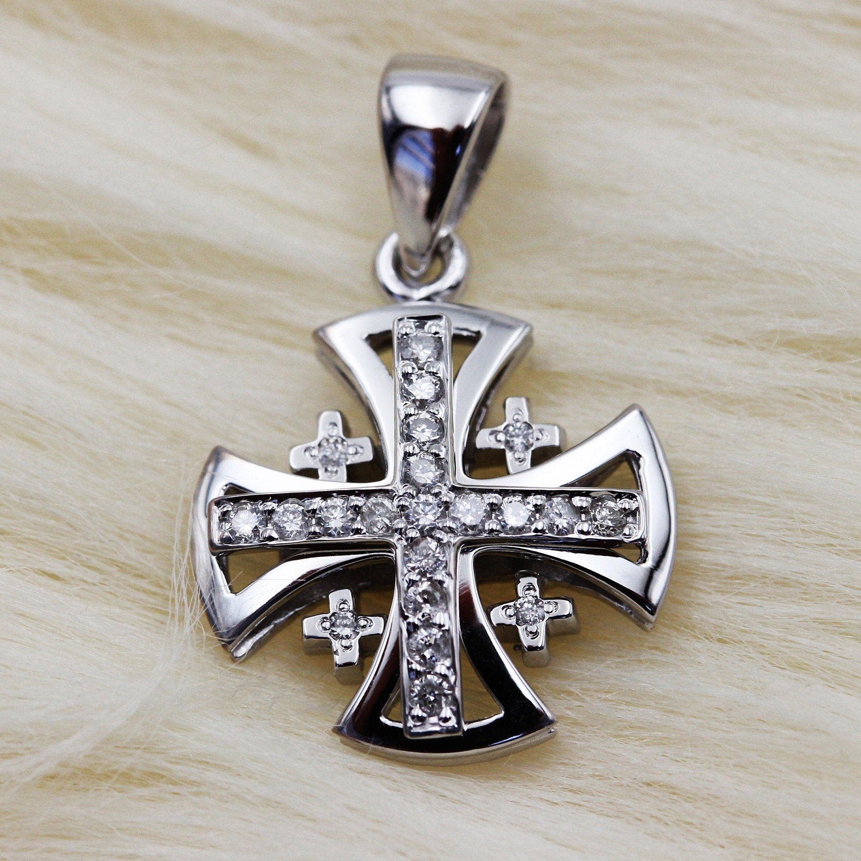Sacred Radiance 14k White Gold Jerusalem Cross Pendant with 0.17ct Diamonds