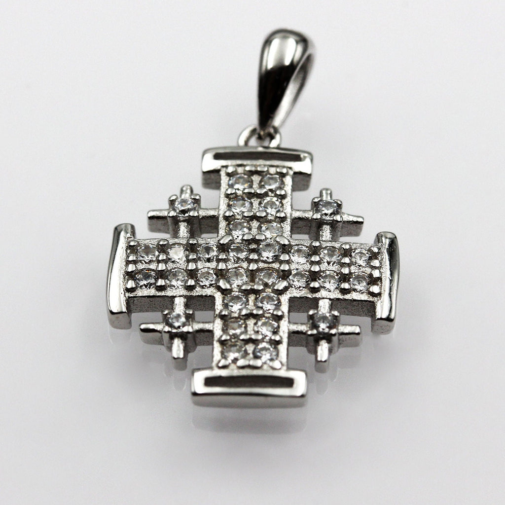 Silver 925 Jerusalem Cross Pendant with White Zircons