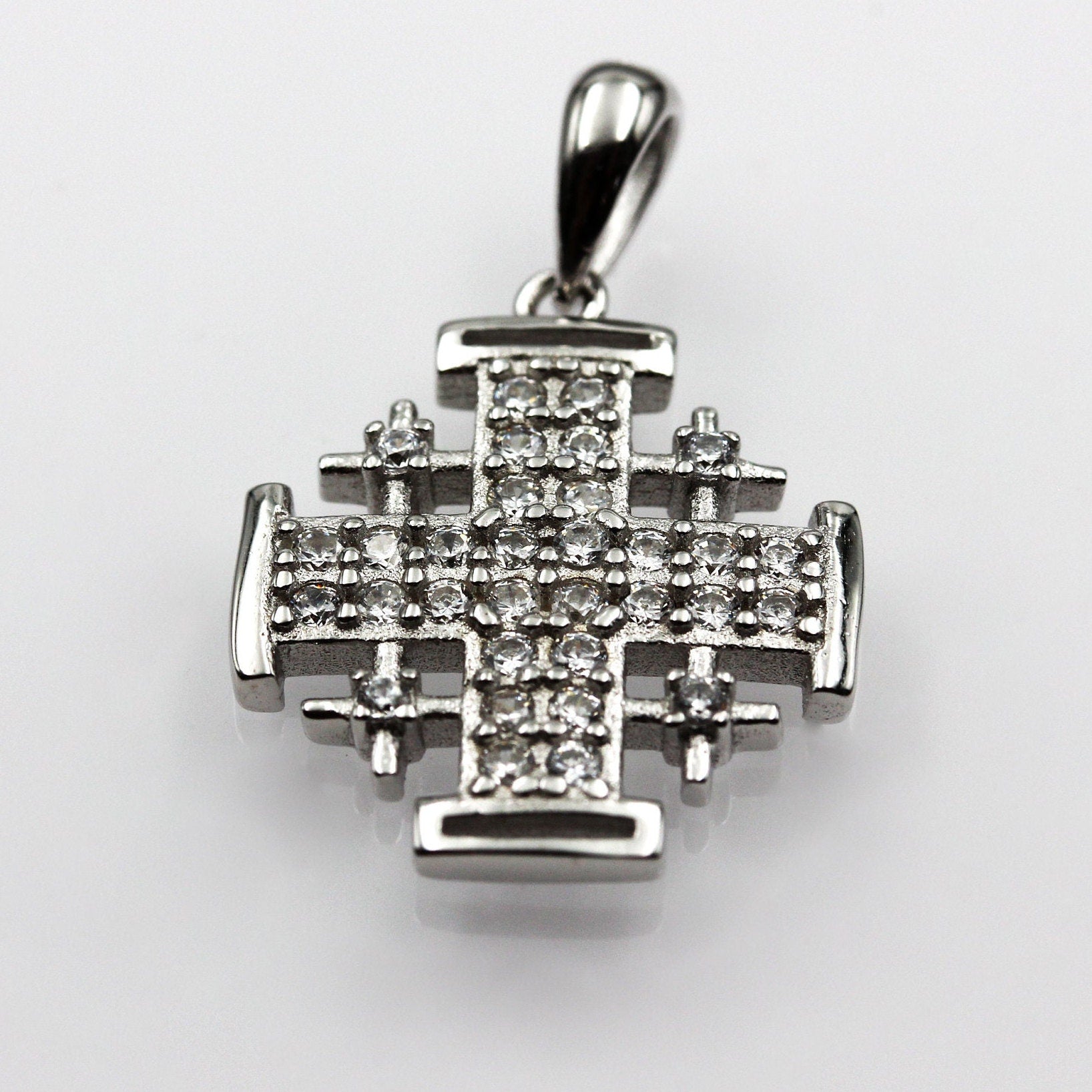 Silver 925 Jerusalem Cross Pendant with White Zircons