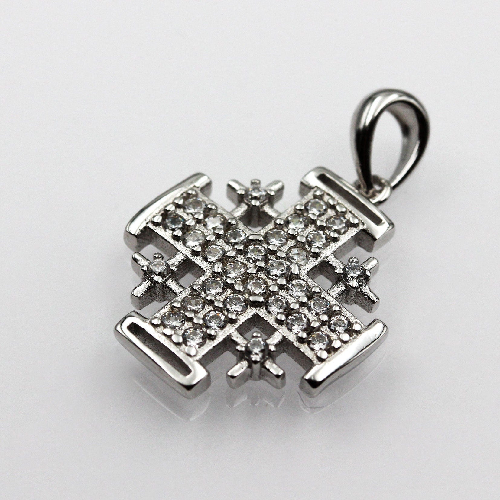 Silver 925 Jerusalem Cross Pendant with White Zircons