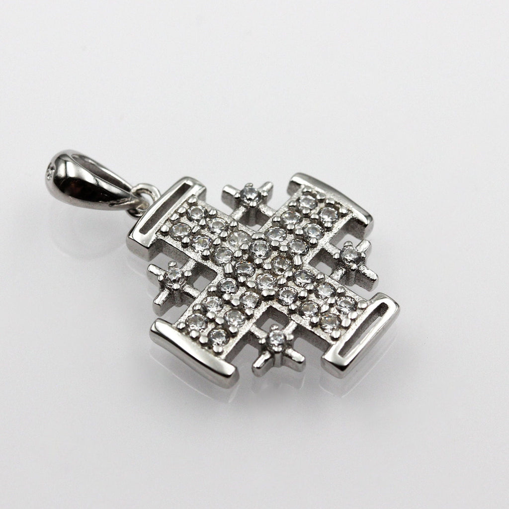 Silver 925 Jerusalem Cross Pendant with White Zircons