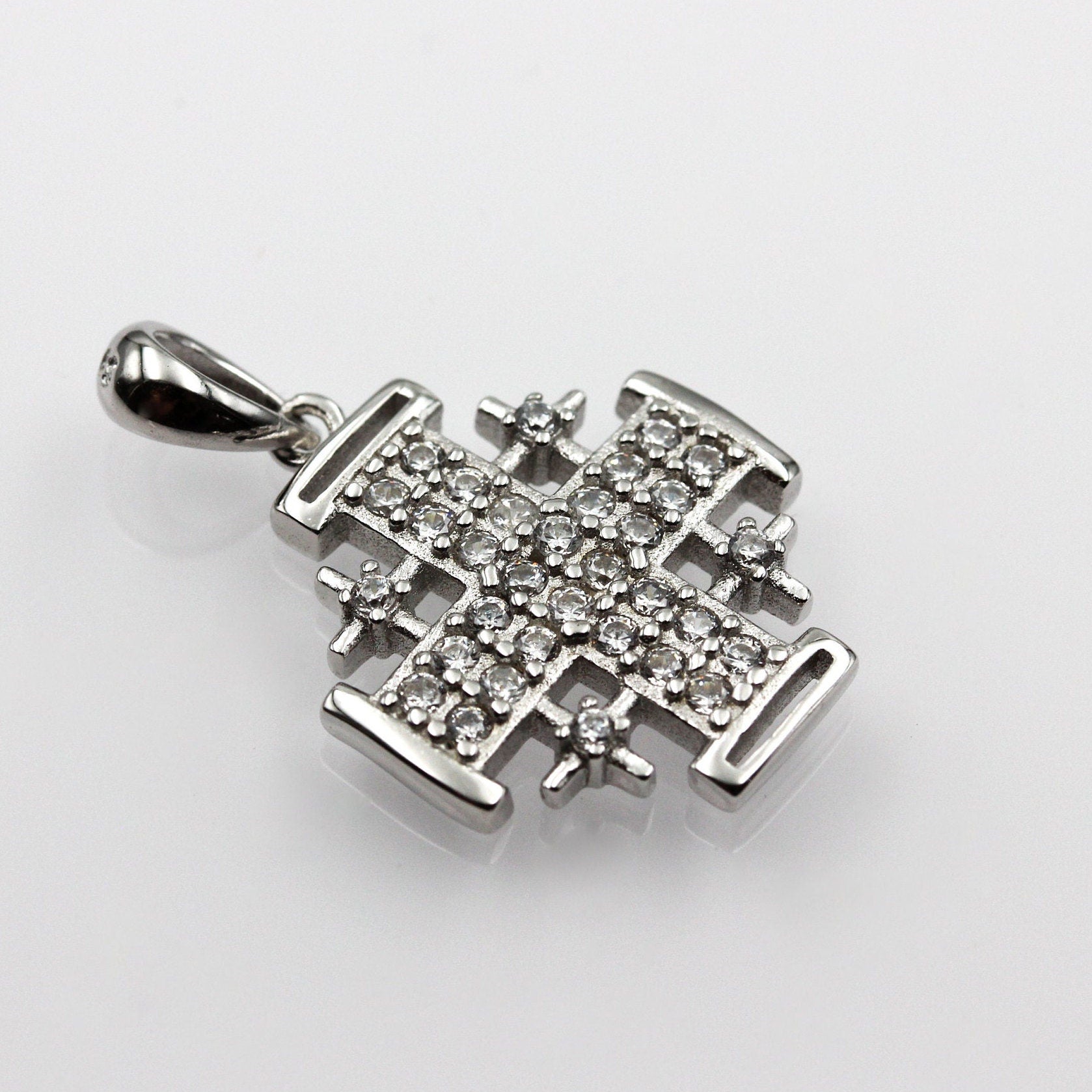 Silver 925 Jerusalem Cross Pendant with White Zircons