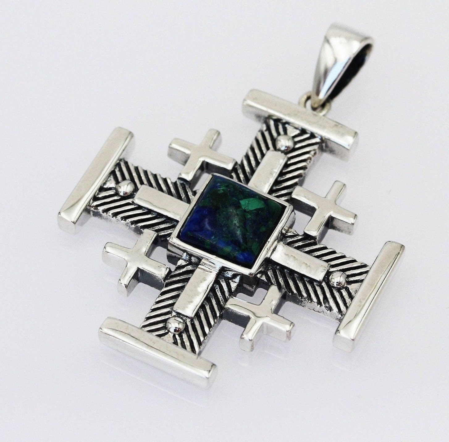 King Solomon Eilat Stone Jerusalem Cross Pendant in Silver 925