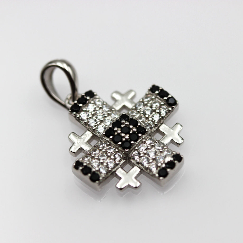 Elegant Jerusalem Cross Pendant with White and Black Zircons
