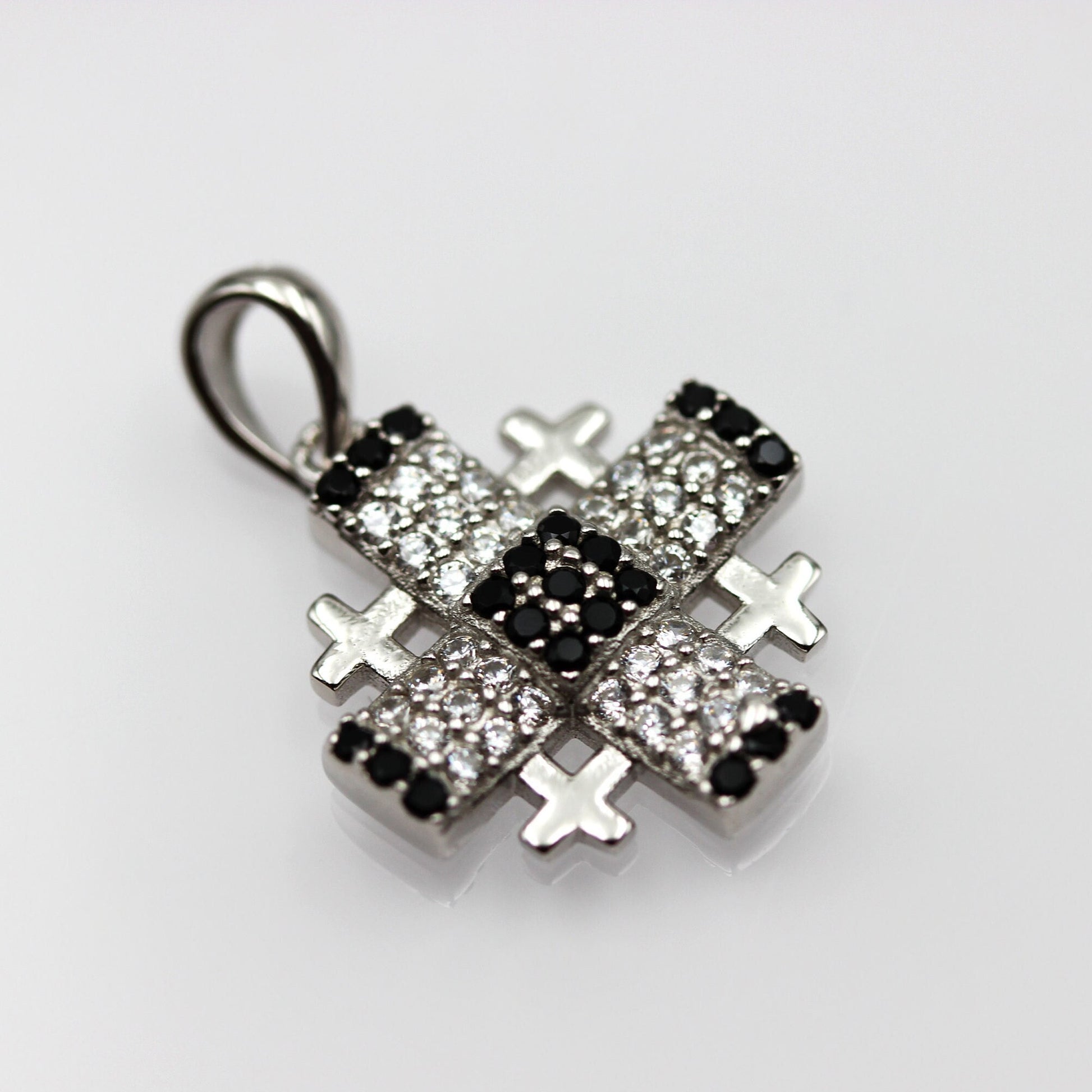 Elegant Jerusalem Cross Pendant with White and Black Zircons