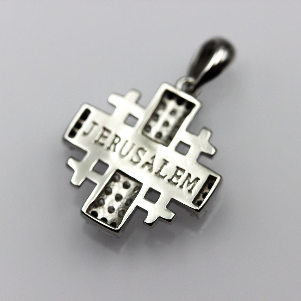 Elegant Jerusalem Cross Pendant with White and Black Zircons