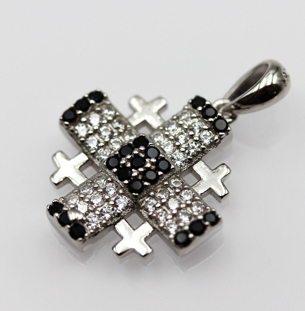 Elegant Jerusalem Cross Pendant with White and Black Zircons