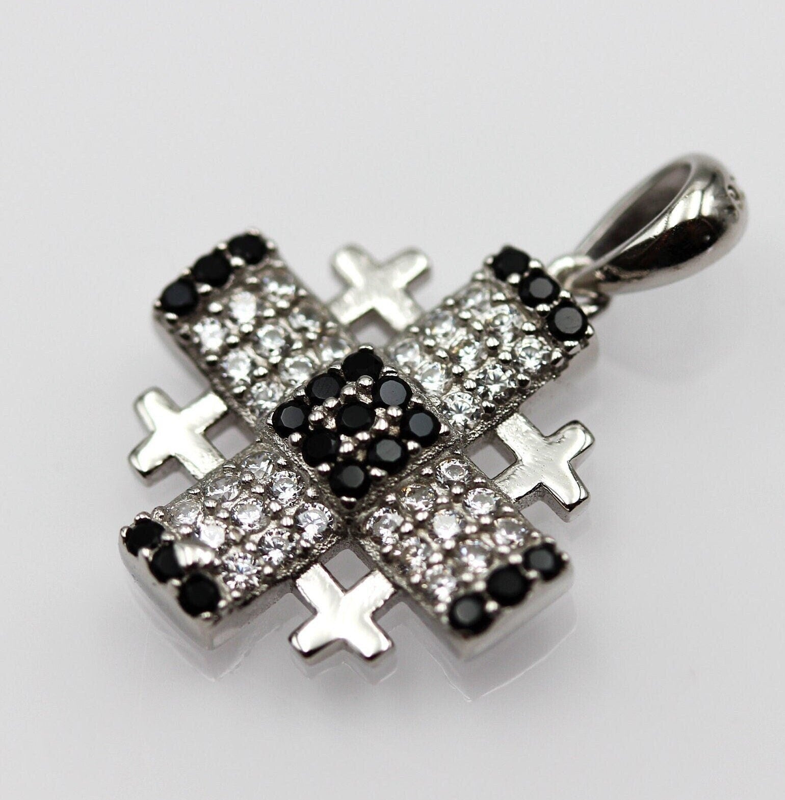 Elegant Jerusalem Cross Pendant with White and Black Zircons