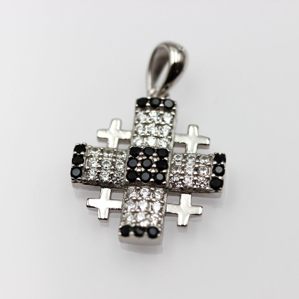 Elegant Jerusalem Cross Pendant with White and Black Zircons