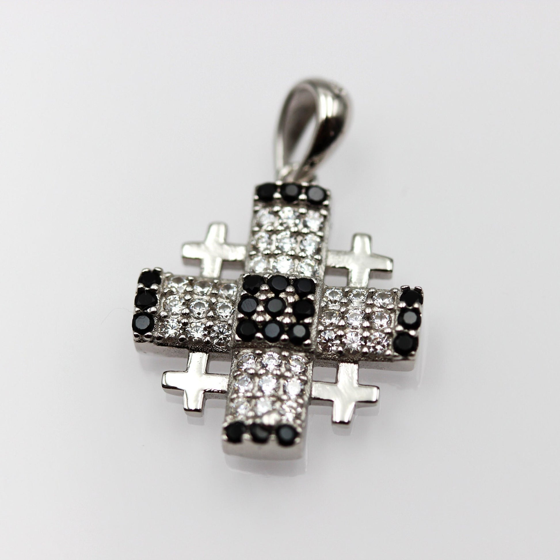 Elegant Jerusalem Cross Pendant with White and Black Zircons