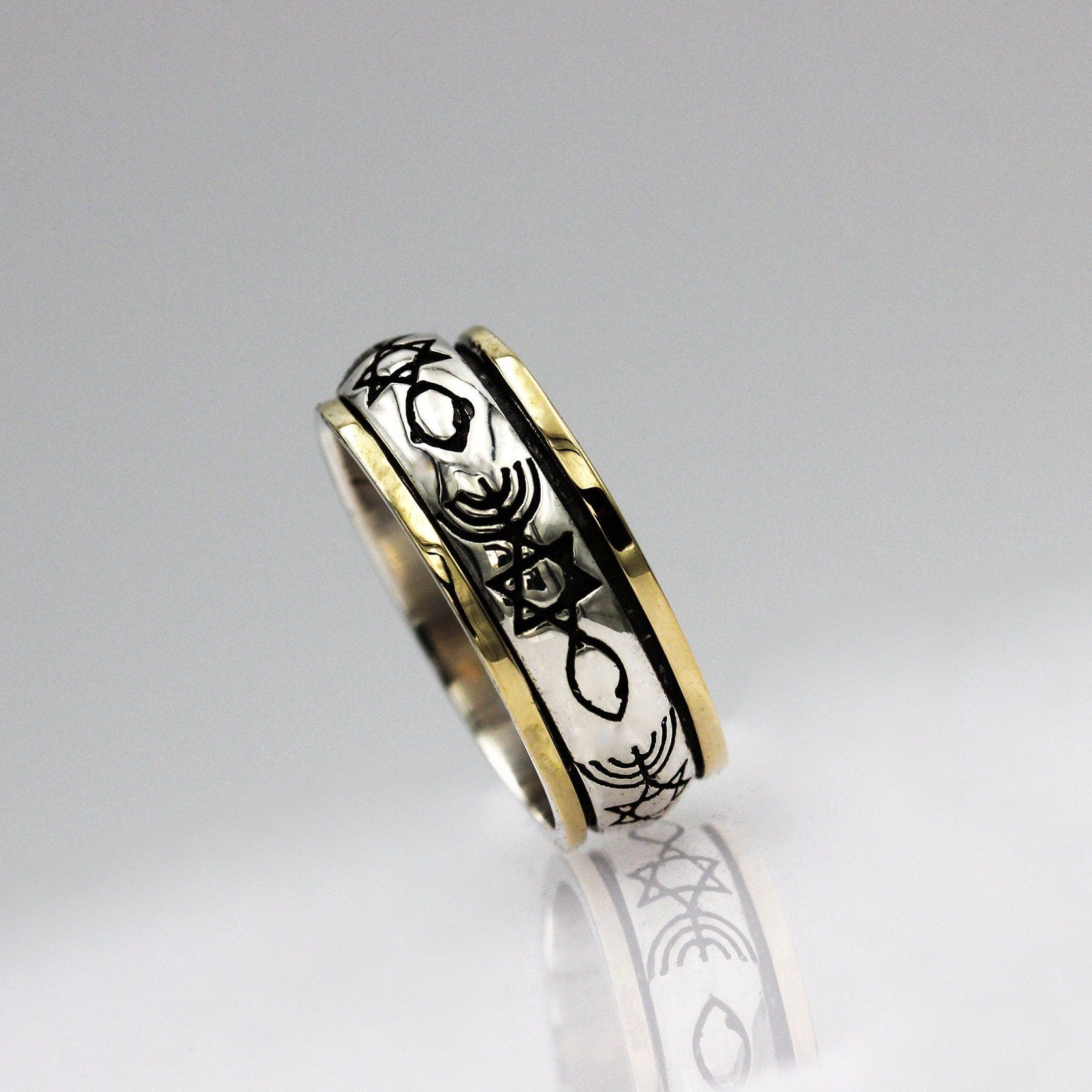 Handcrafted Sacred Messianic Grafted In Turning Ring in Silver 925 and 14k Gold