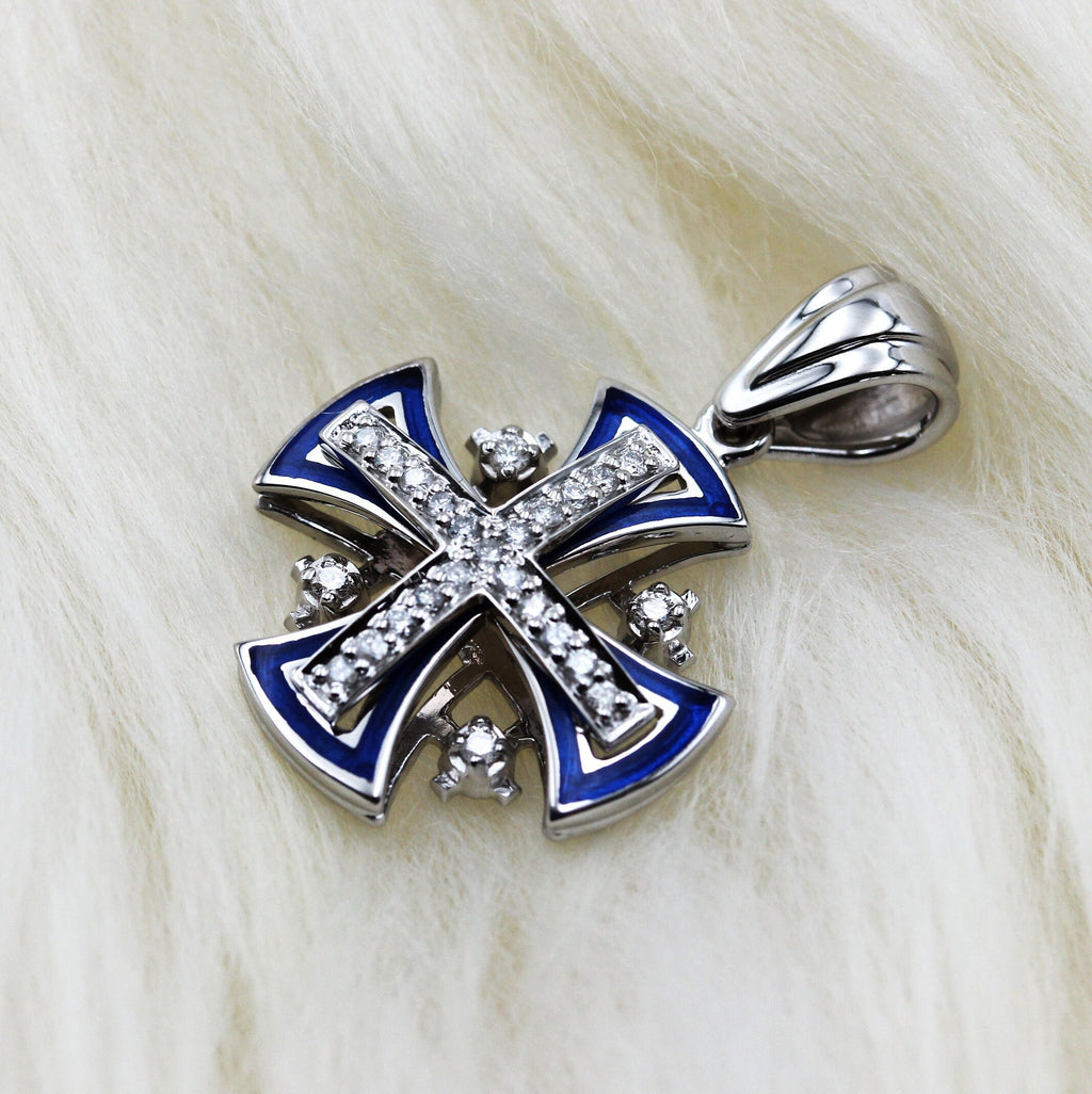 14k White Gold Jerusalem Cross with Diamonds and Blue Enamel