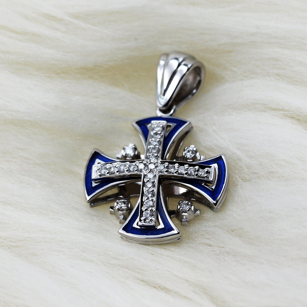 14k White Gold Jerusalem Cross with Diamonds and Blue Enamel