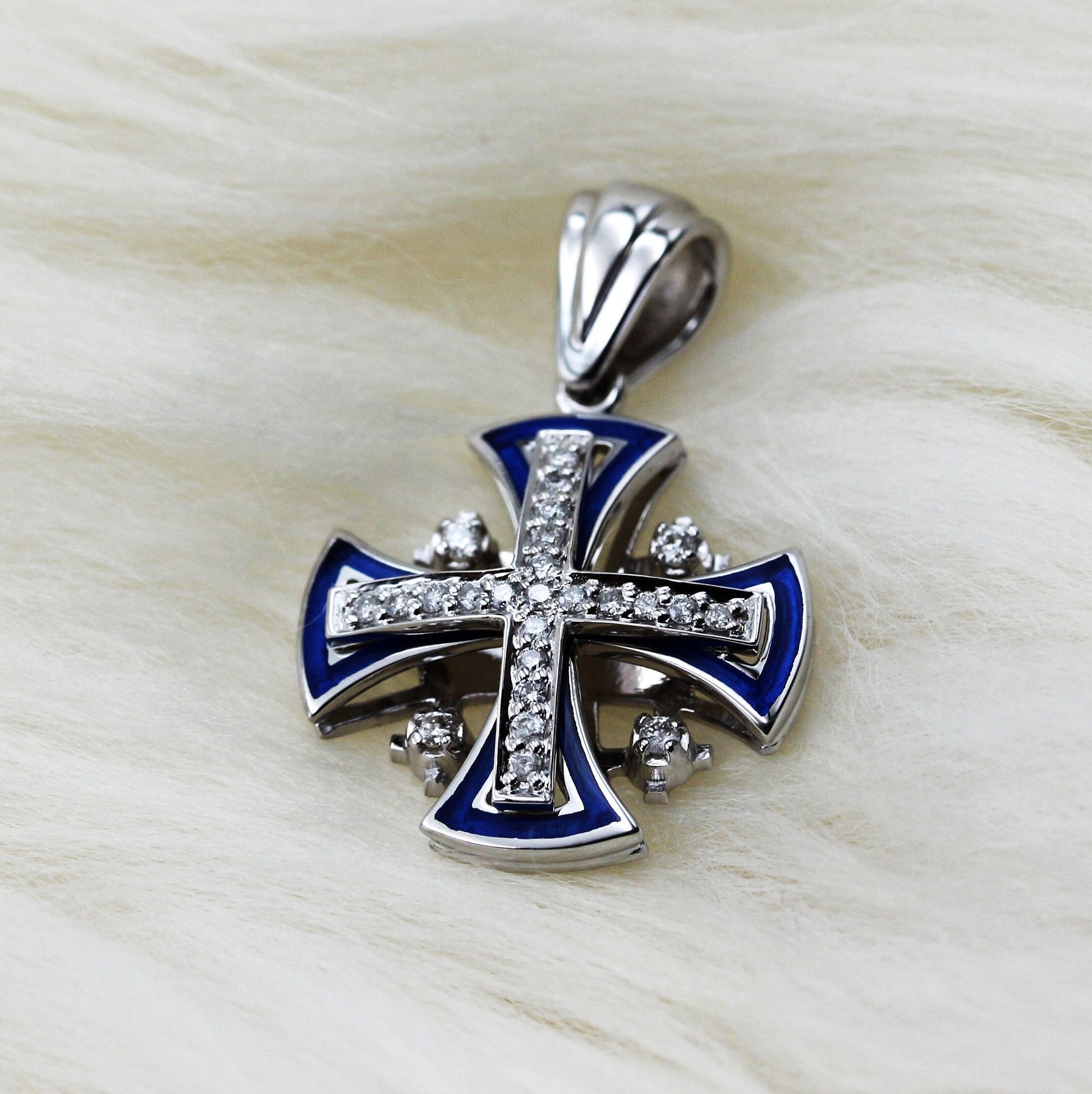14k White Gold Jerusalem Cross with Diamonds and Blue Enamel