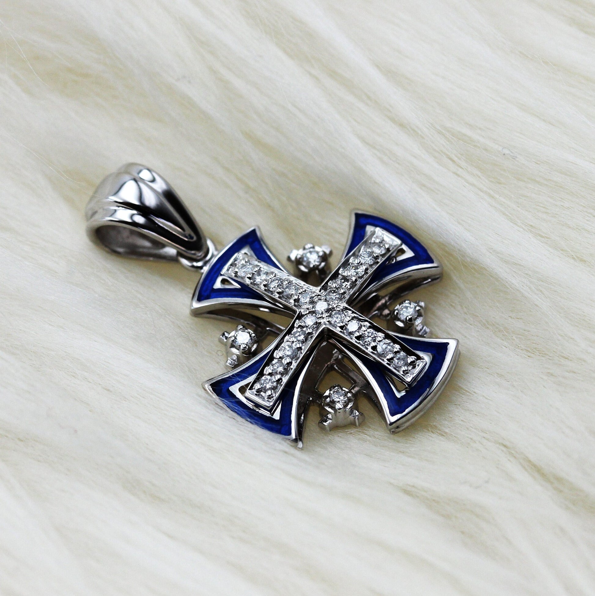 14k White Gold Jerusalem Cross with Diamonds and Blue Enamel