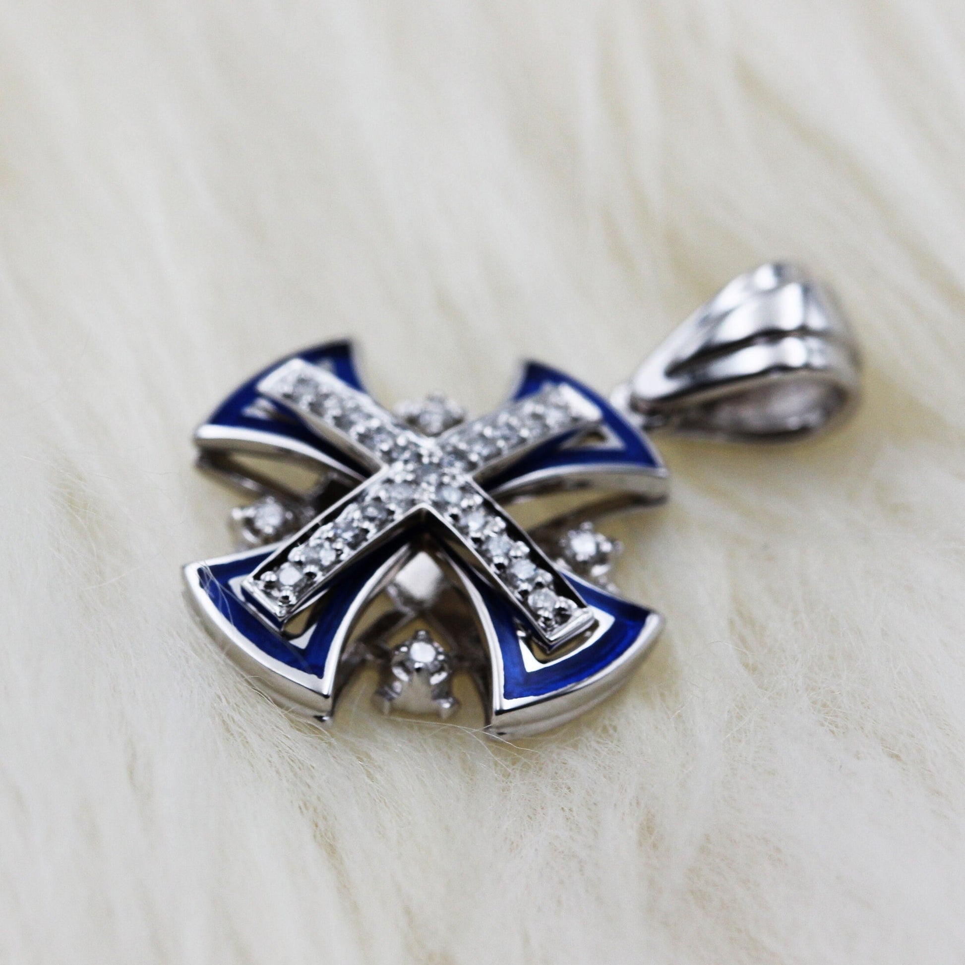14k White Gold Jerusalem Cross with Diamonds and Blue Enamel
