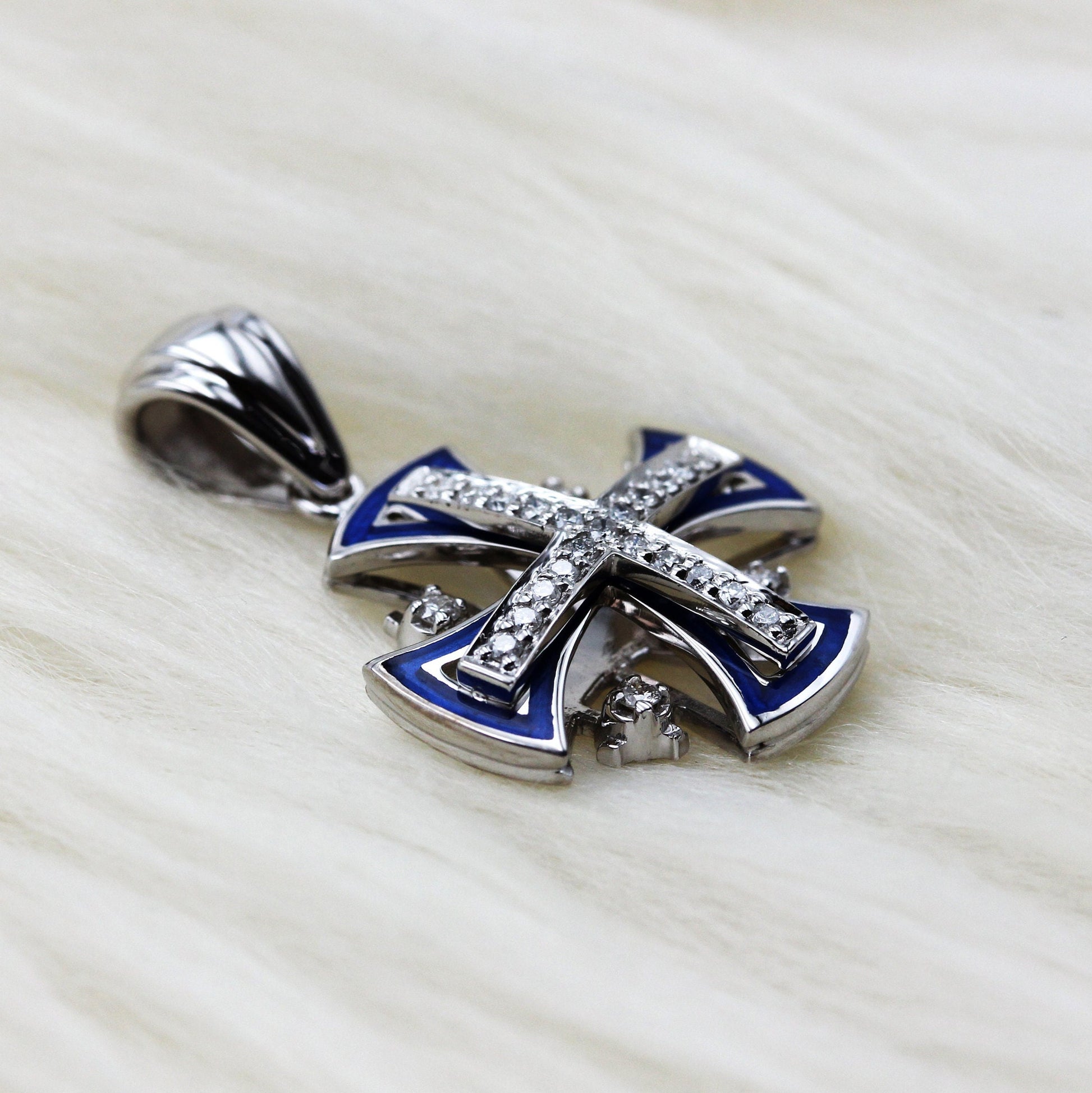 14k White Gold Jerusalem Cross with Diamonds and Blue Enamel
