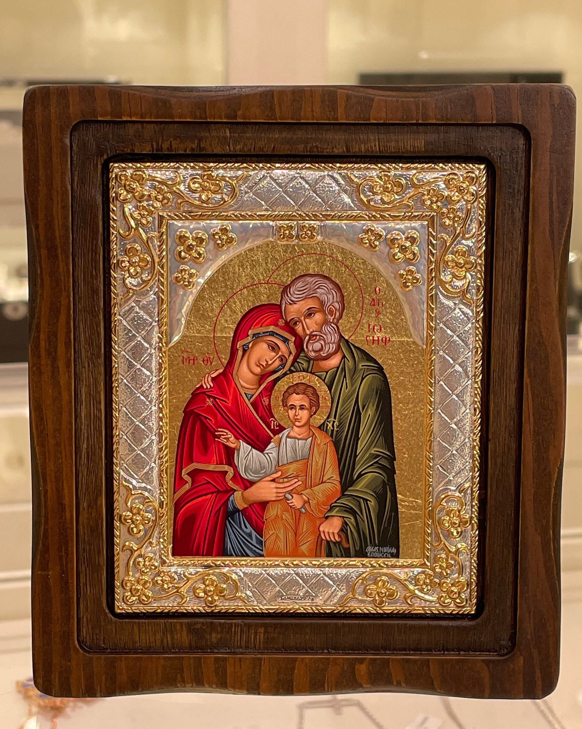 Holy Land Icon in Gold Leaf - Silver 925 and Black Wood Framed Artwork