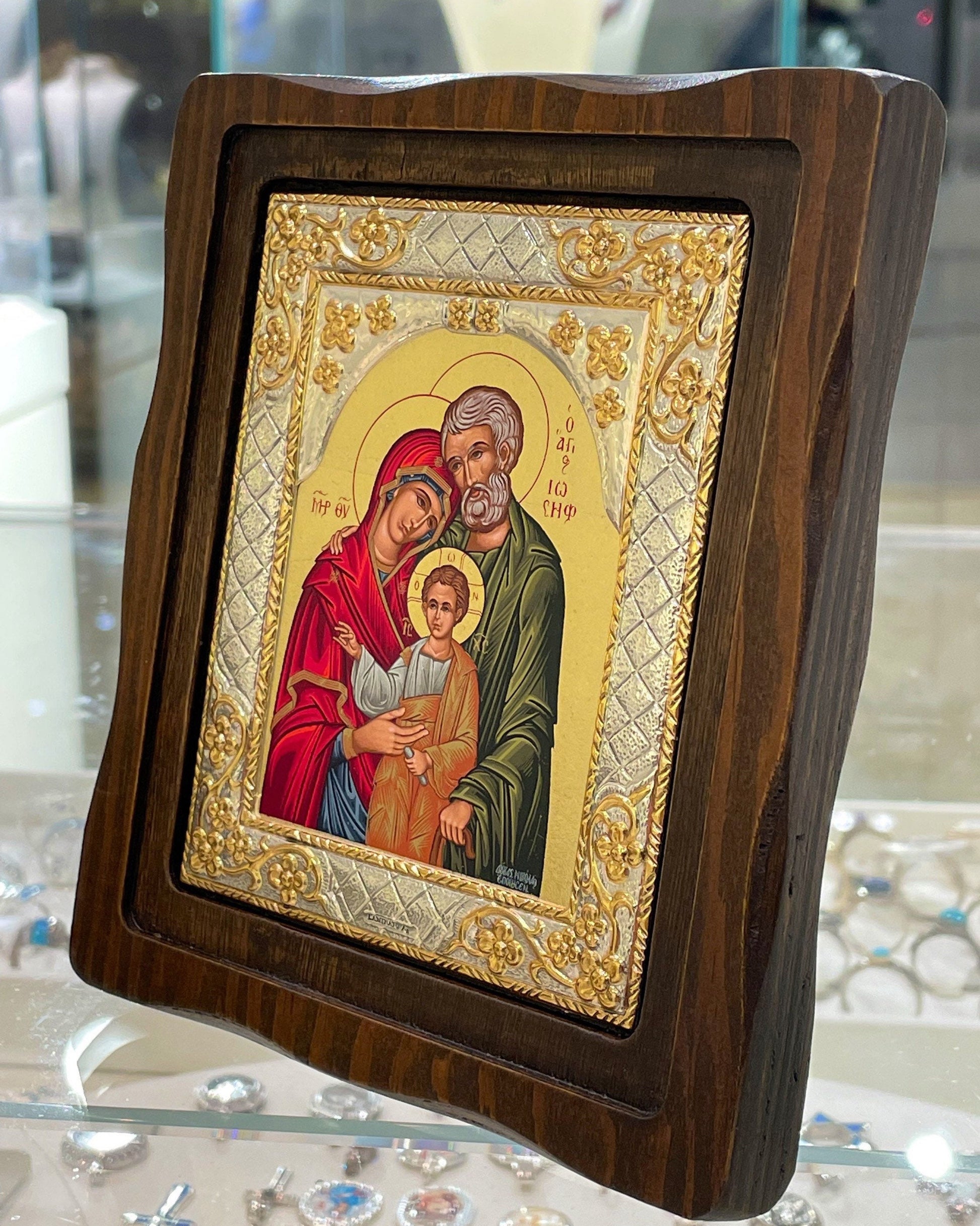 Holy Land Icon in Gold Leaf - Silver 925 and Black Wood Framed Artwork