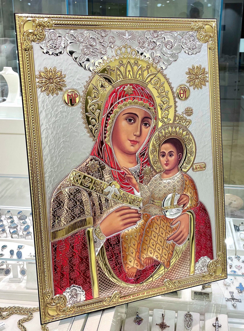 Virgin Mary of Bethlehem Icon – Silver 925, Gold, and Red Enamel