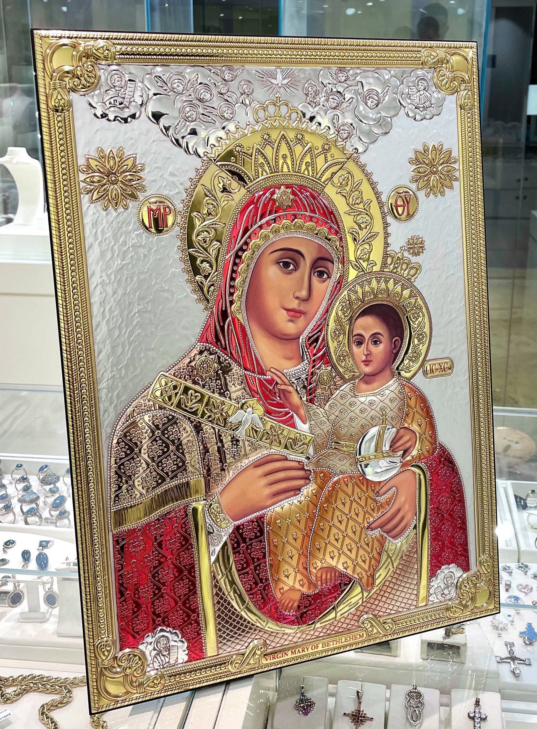 Virgin Mary of Bethlehem Icon – Silver 925, Gold, and Red Enamel