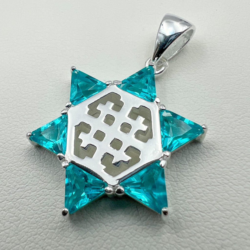 Aquamarine Star of David and Jerusalem Cross Pendant in Sterling Silver